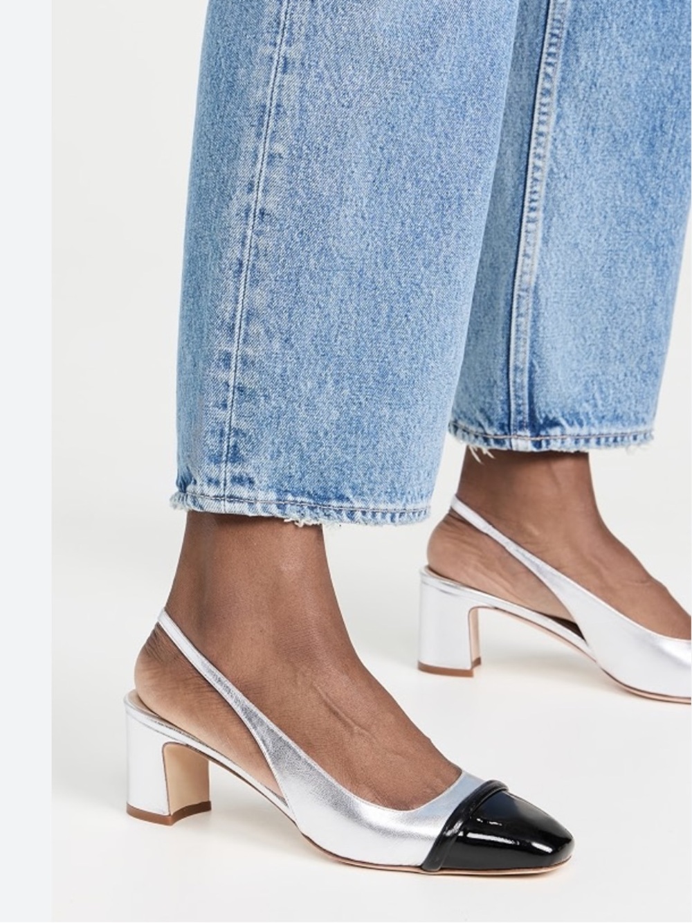 New Chelsea Paris Keiona Pumps Metallic Silver Slingback Black Patent Toe NWOTS